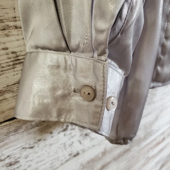 Y2K Notations Metallic Silver Shimmer Button-Front Blouse with Roll-Tab Sleeves - Picture 8 of 15